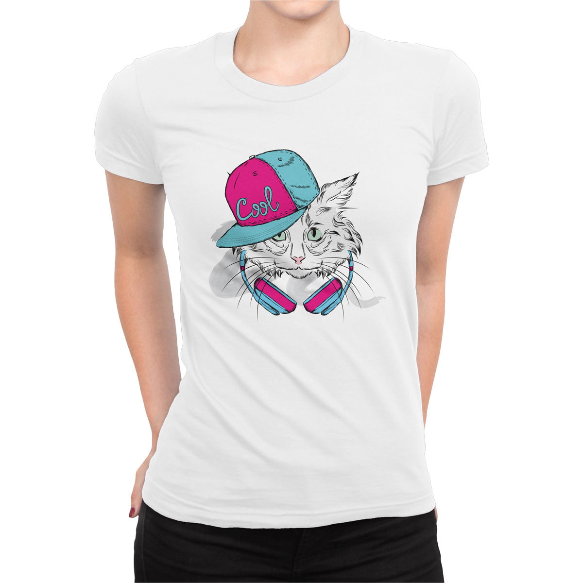 Dj cool kedi kadin tisort b - cool dj kedi tasarımlı kadın t-shirt - figurex