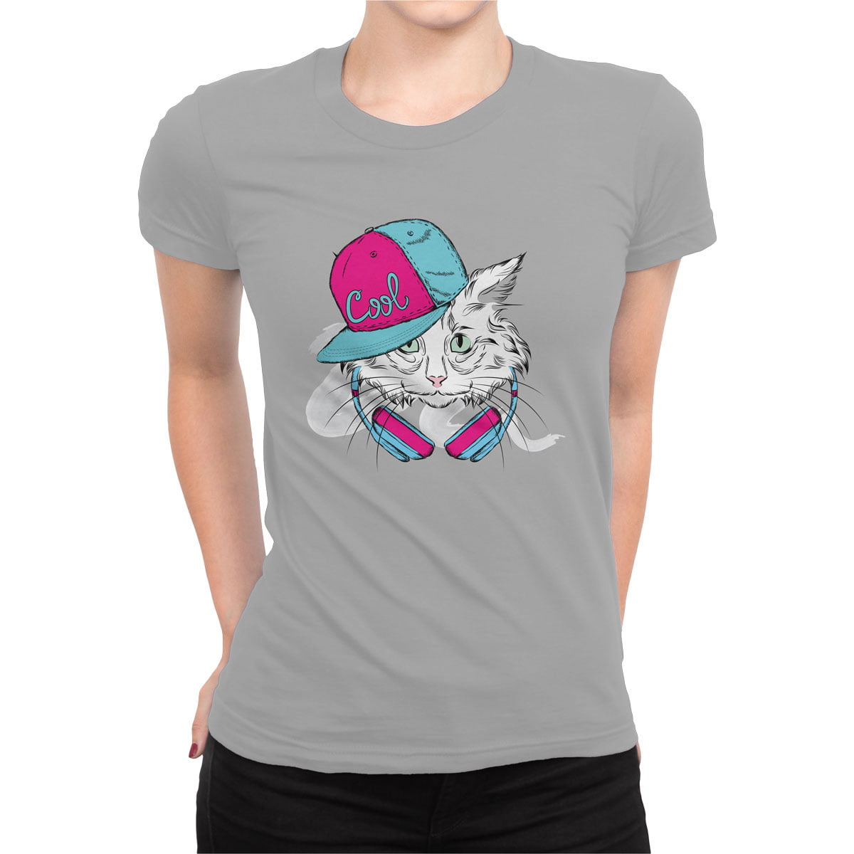 Dj cool kedi kadin tisort g - cool dj kedi tasarımlı kadın t-shirt - figurex