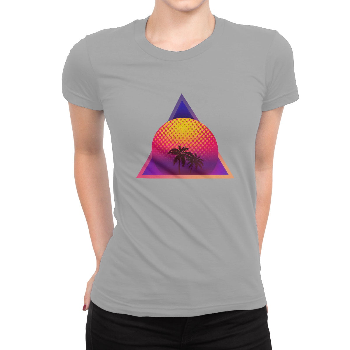 Sunset palm synthwawe tshirt kadin g - digital cosmic island kadın t-shirt - figurex