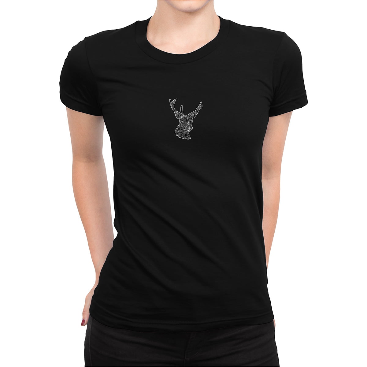 Orjinal geyik mandala beyaz fxsca2194c kadin tshirt siyah orta kucuk - geyik mandala kadın t-shirt - figurex