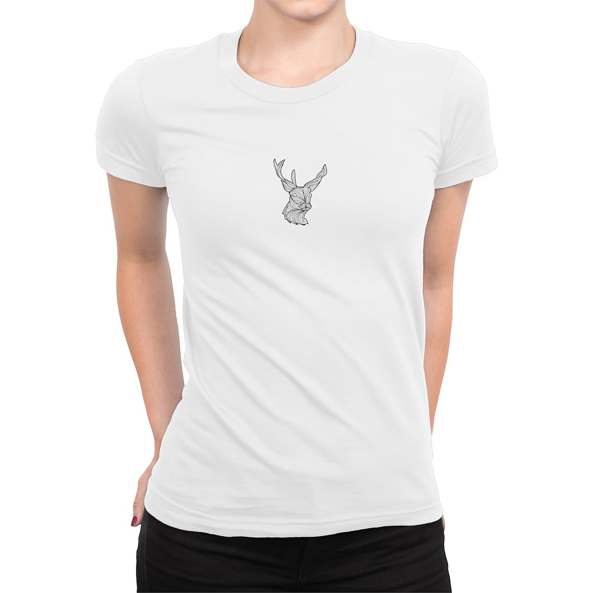 Orjinal geyik mandala siyah fxsca2194c kadin tshirt beyaz orta kucuk - geyik mandala kadın t-shirt - figurex