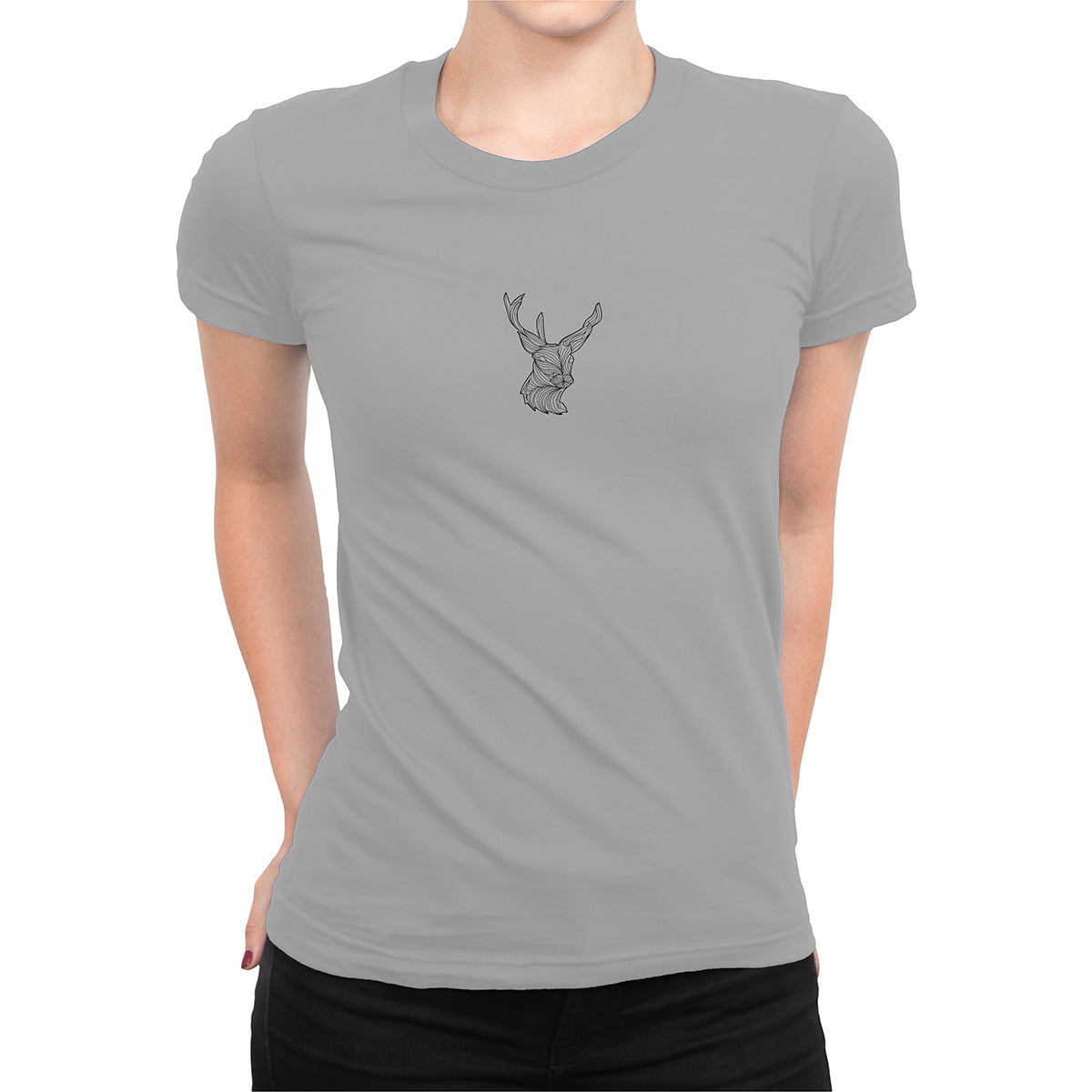 Orjinal geyik mandala siyah fxsca2194c kadin tshirt gri orta kucuk - geyik mandala kadın t-shirt - figurex