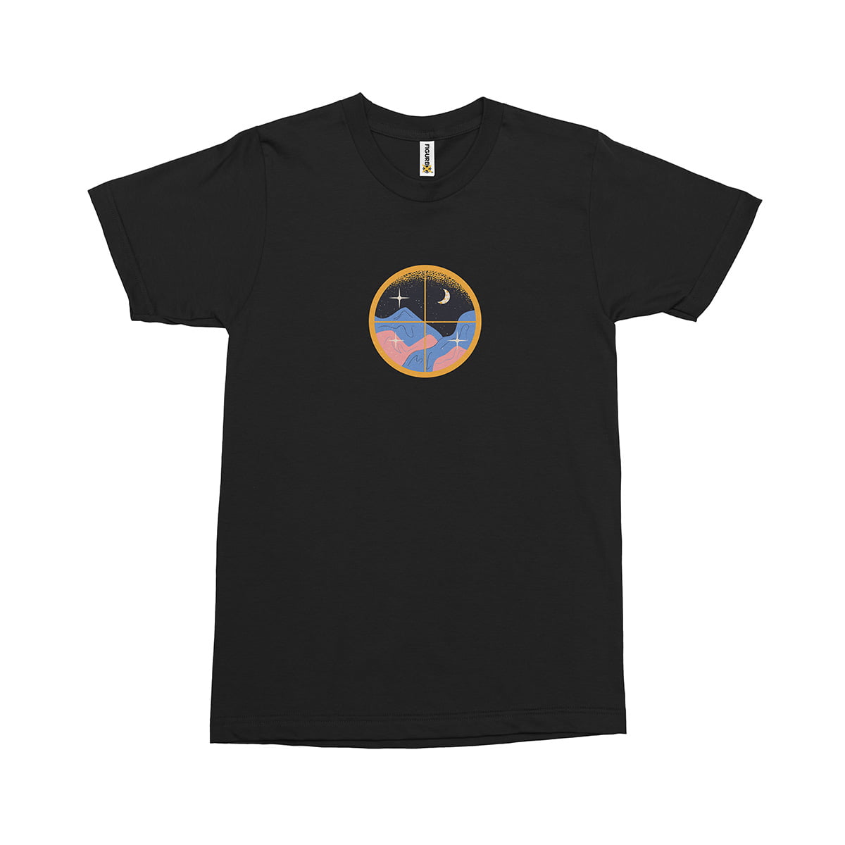 Ay ve tepe fxsca2362c erkek tshirt siyah orta kucuk - mistik yıldızlar, ay ve tepe - astroloji baskılı erkek t-shirt - figurex