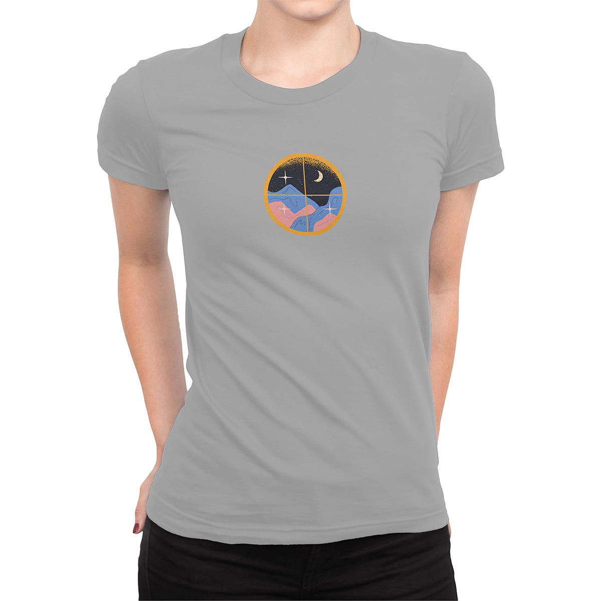 Ay ve tepe fxsca2364c kadin tshirt gri orta kucuk - mistik yıldızlar, ay ve tepe - astroloji kadın t-shirt - figurex